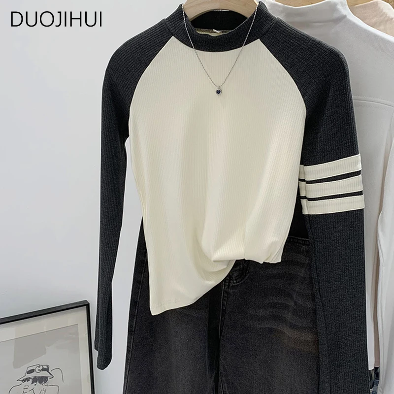 DUOJIHUI O-neck Spell Color Chic Striped Loose Female T-shirts Autumn Long Sleeve Simple Pullover Casual Fashion Women T-shirts