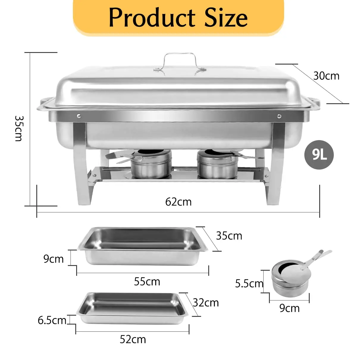 أطباق الغضب للبوفيه 9 لتر حافة لفة مصممة مجموعة بوفيه طبق الغضب مع غطاء عازل للحرارة - شعلات مزدوجة، مقابض حمل #2