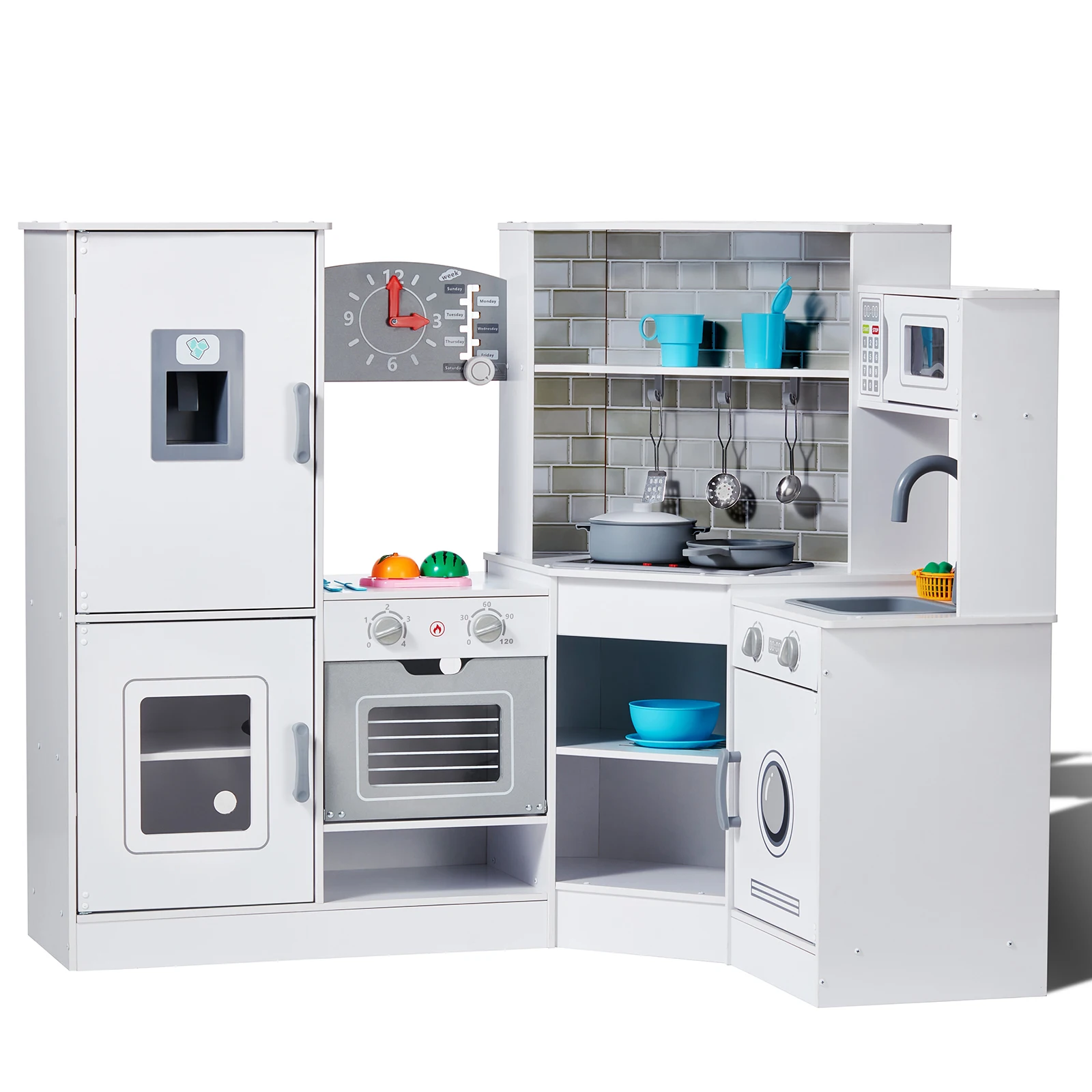 SucceBuy Juego de cocina de madera de esquina, juego de utensilios de cocina para niños, juguetes con luces y sonidos para niños en edad preescolar, regalos para niñas