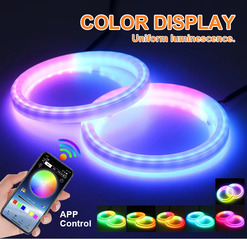 2 Stück RGB Angel Eyes Halo Ringe Lichter mit Blinkerfunktion APP Bluetooth LED Motorrad Nachrüstung DRL Auto-Scheinwerfer 12V 24V – Detail 5