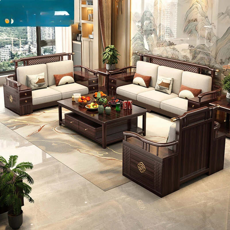 New Chinese style ebony solid wood sofa, dual-purpose for winter and summer, modern light luxury living room, villa furniture