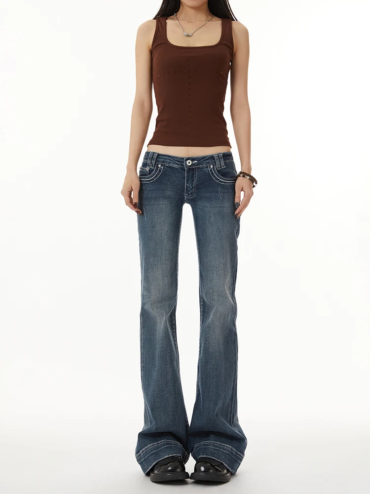 

American Retro Ultra-Low Waist Denim Jeans Women's 2026 New Spicy Girl Tight Elastic Slimming Floor-Length Micro-flared Pants