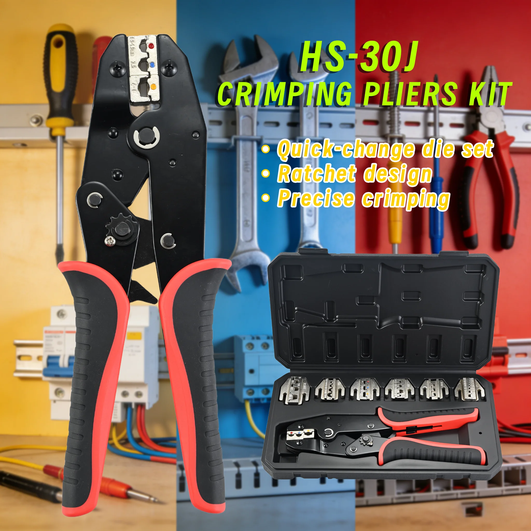 

Hs-30J Six-Mode Universal Crimping Pliers Set, Quick-Change Ratchet Cold-Press Terminal Pliers, Complete Set of Photovoltaic Vehicle Electrician Crimping Tools in Hard Box Packaging