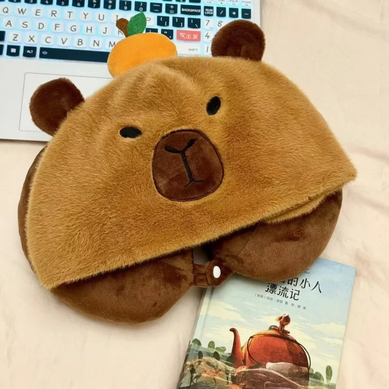 Capybara Lovely U-shaped Hooded Neck Pillow Cartoon Stuffed Animal Capybara Travel Blackout Pillow With Hat Portable Girl