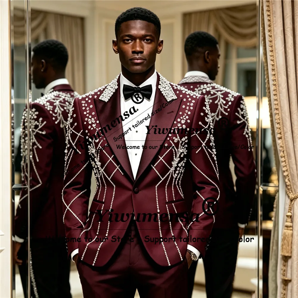 Male Fashion Diamond Beaded Suits For Wedding Single Breasted Jacket Pants 2 Pieces Sets Groom Formal Wear Tuxedos Attires 2026