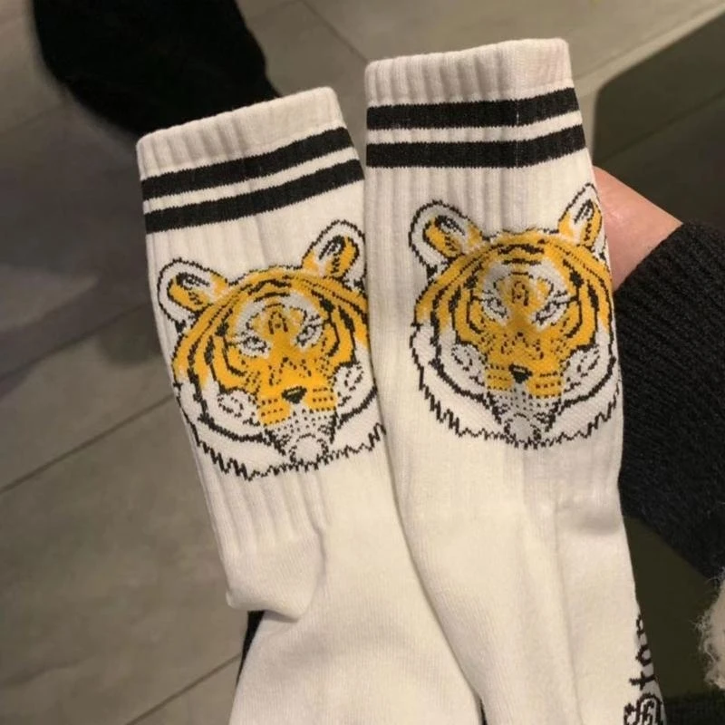 

Men Women Couple Ribbed Cotton Socks Harajuku Hip Hop Double Striped Animal Printed Skateboard Hosiery 15UB