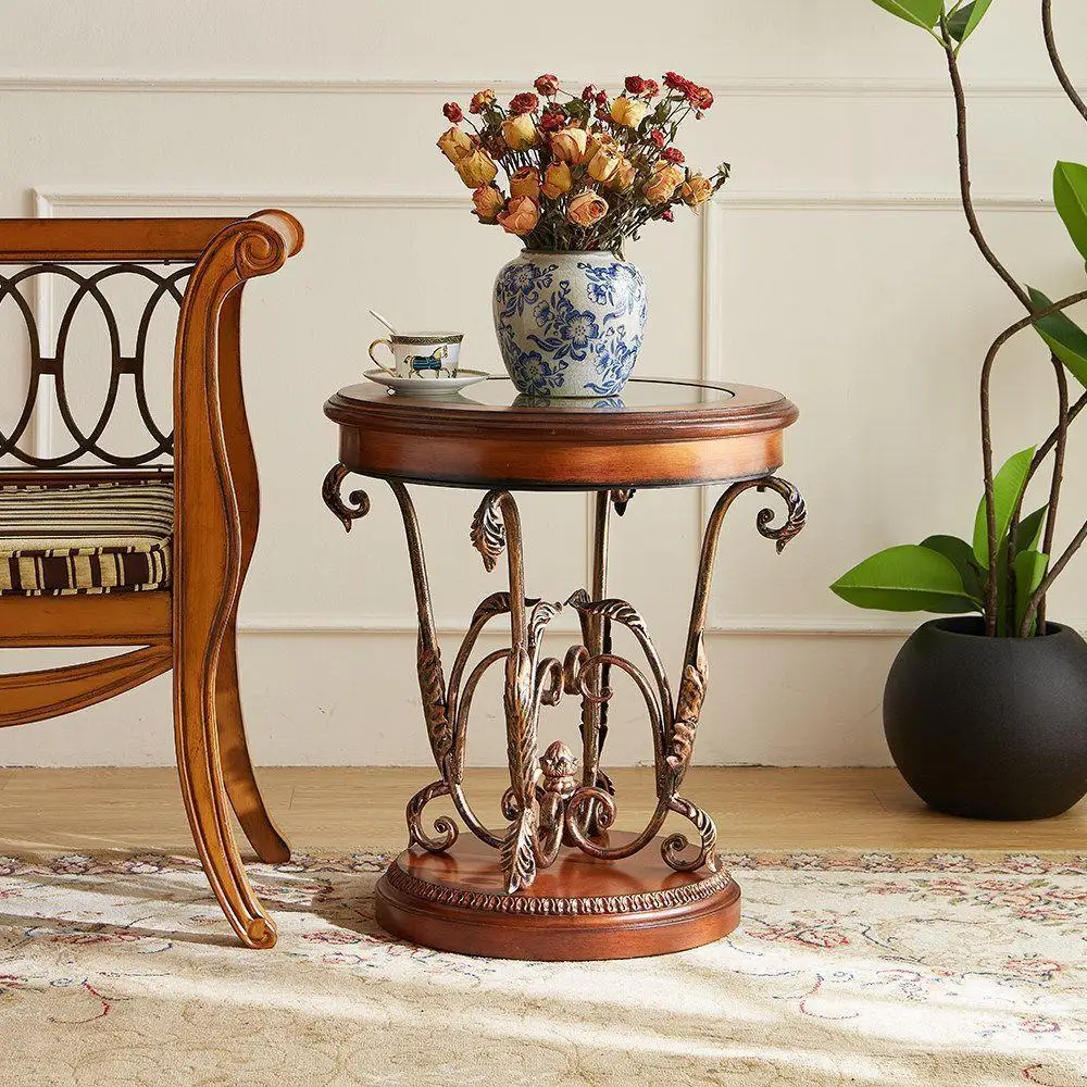 Caramel sofa edge few solid wood small round table painted corner few metal coffee table