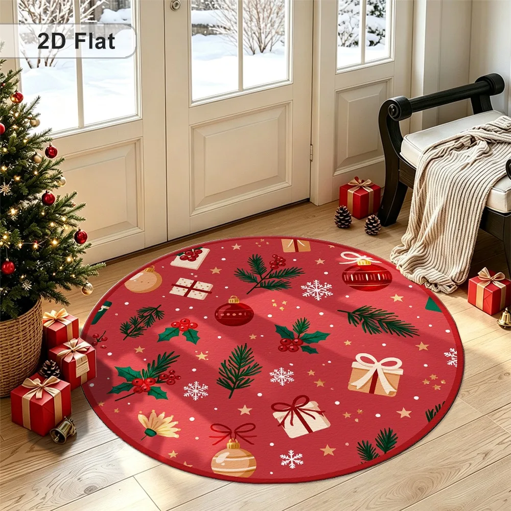 Festive Xmas Holiday Round Rug,Vibrant Red Background Gift Box Bauble Winter Element Art Printed Circular Floor Mat,Living Room
