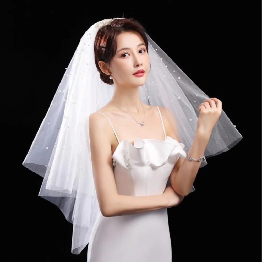 

Simple Bride To Be Marriage Elegant for Women Two Layer Short Wedding Bow Veil Accessories