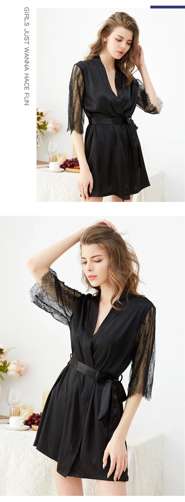 New simple imitation silk loose bathrobe home wear thin black lace sexy pajamas nightgown deep V-neck short style