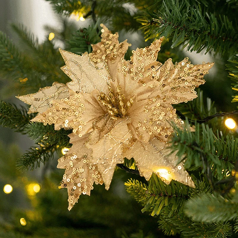 

Glitter Artificial Christmas Flowers Fake Flower Xmas Tree Ornaments Christmas Decorations 2025 New Year Wedding Home Decor