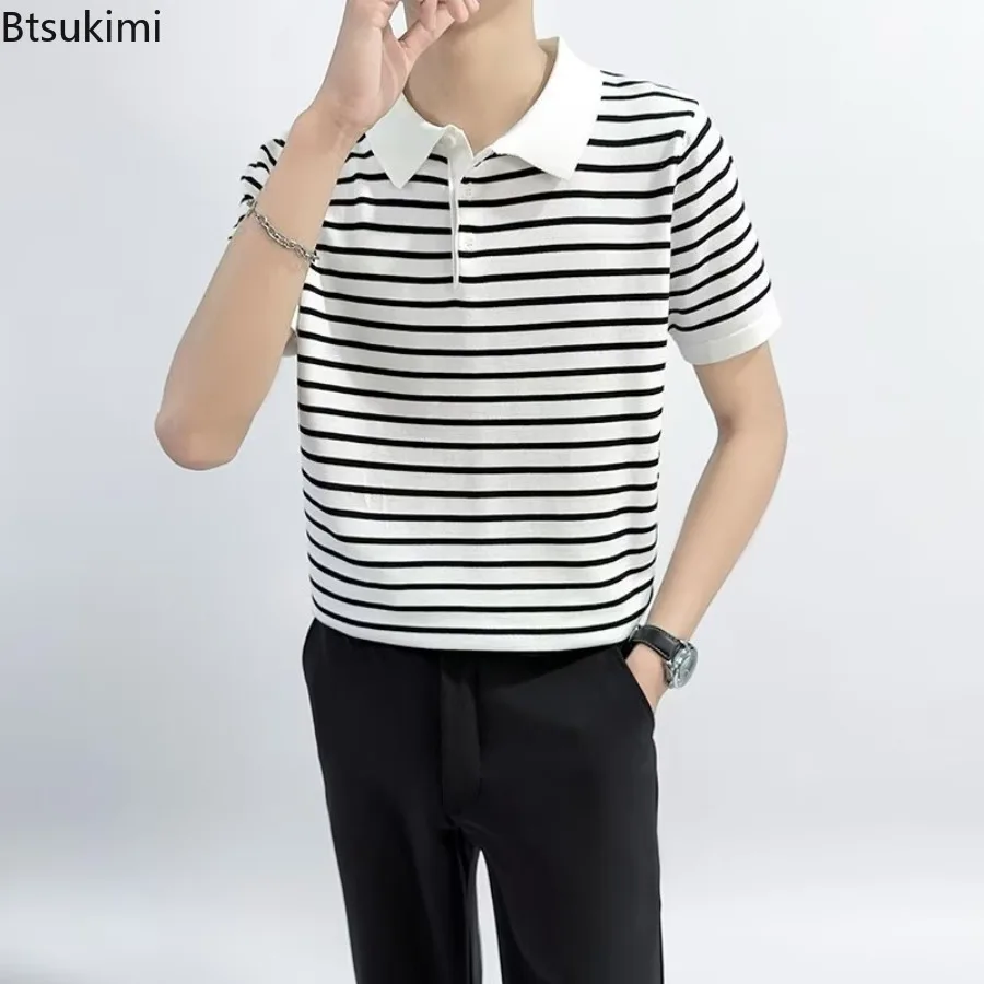 2025 Men Clothing Summer Vintage Casual T Shirts Striped Lapel Tops for Men Harajuku Streetwear Breathable Ice Silk Polo Shirts