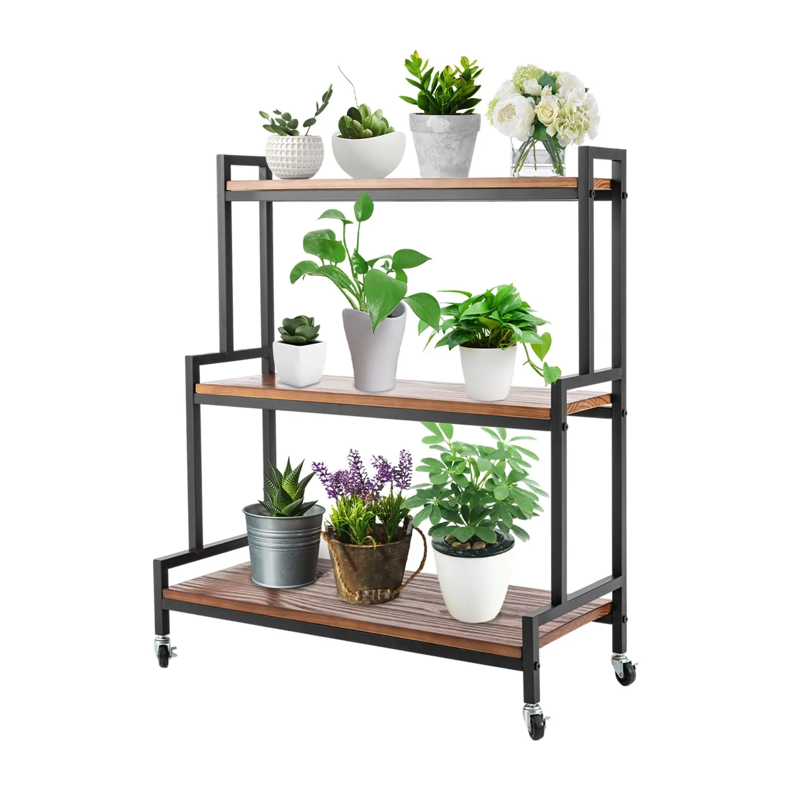 

3 Tier Plant Stand with Wheels, Rolling Plant Shelves Rack Indoor Outdoor, Metal Plant Stand with Solid Wood for Multiple Plants