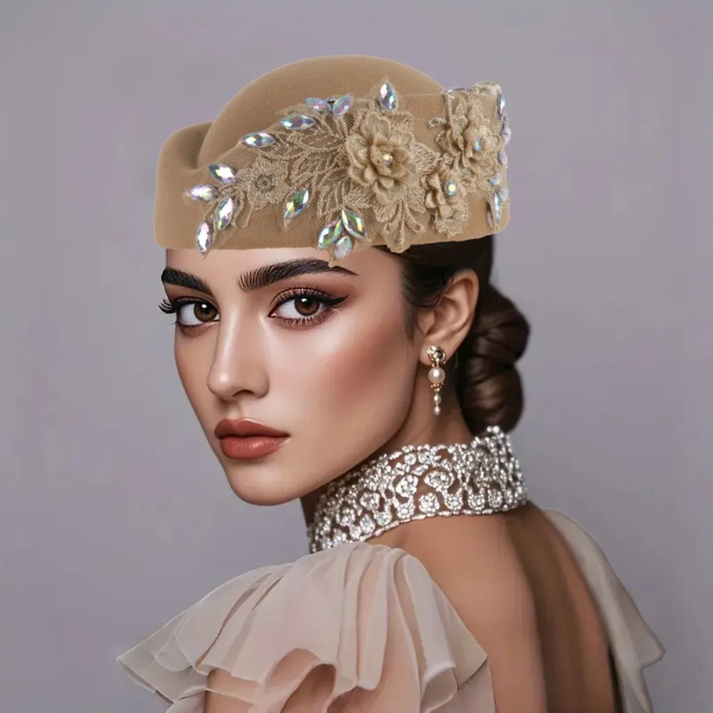 

Uniform Stewardess Hat Vintage Topper Hat Flower Lace Pillbox Hat Rhinestone Solid Color Felt Beret Banquet