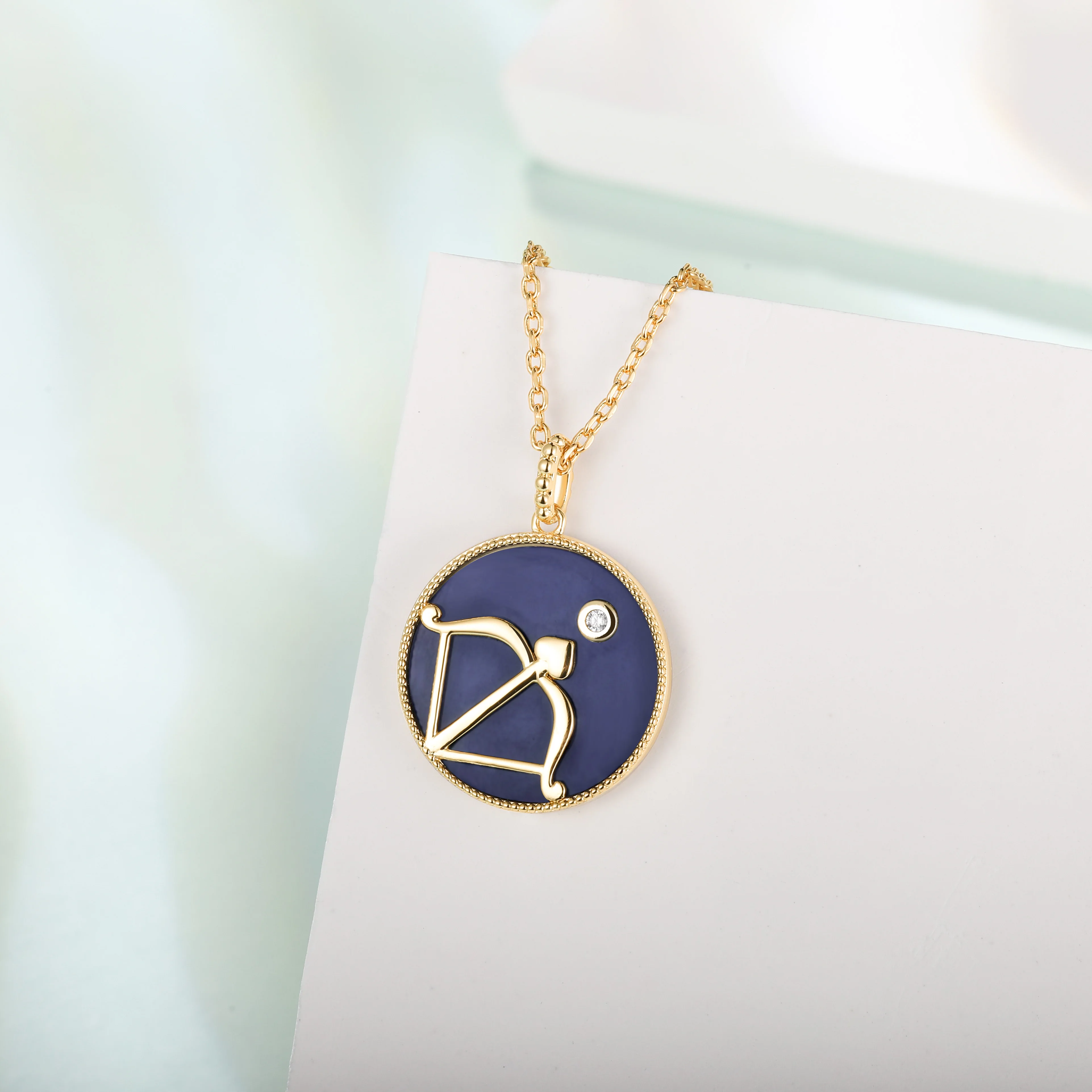 XCY Sagittarius Zodiac Pendant Necklace Women Gold Plated Blue Round Coin Cubic Zirconia Necklaces Constellation Jewelry Gift