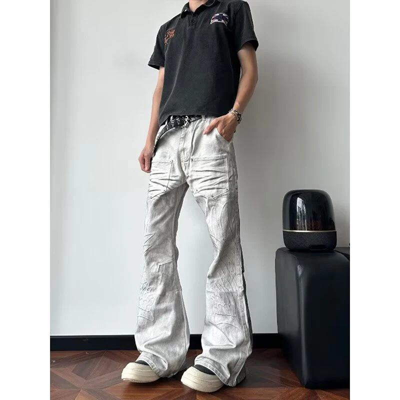Man's American Retro Y2K Flare Jeans White Washed Patchwork Y2K Vintage Hrajuku Punk High Waist Slim Streetwear Denim Pants
