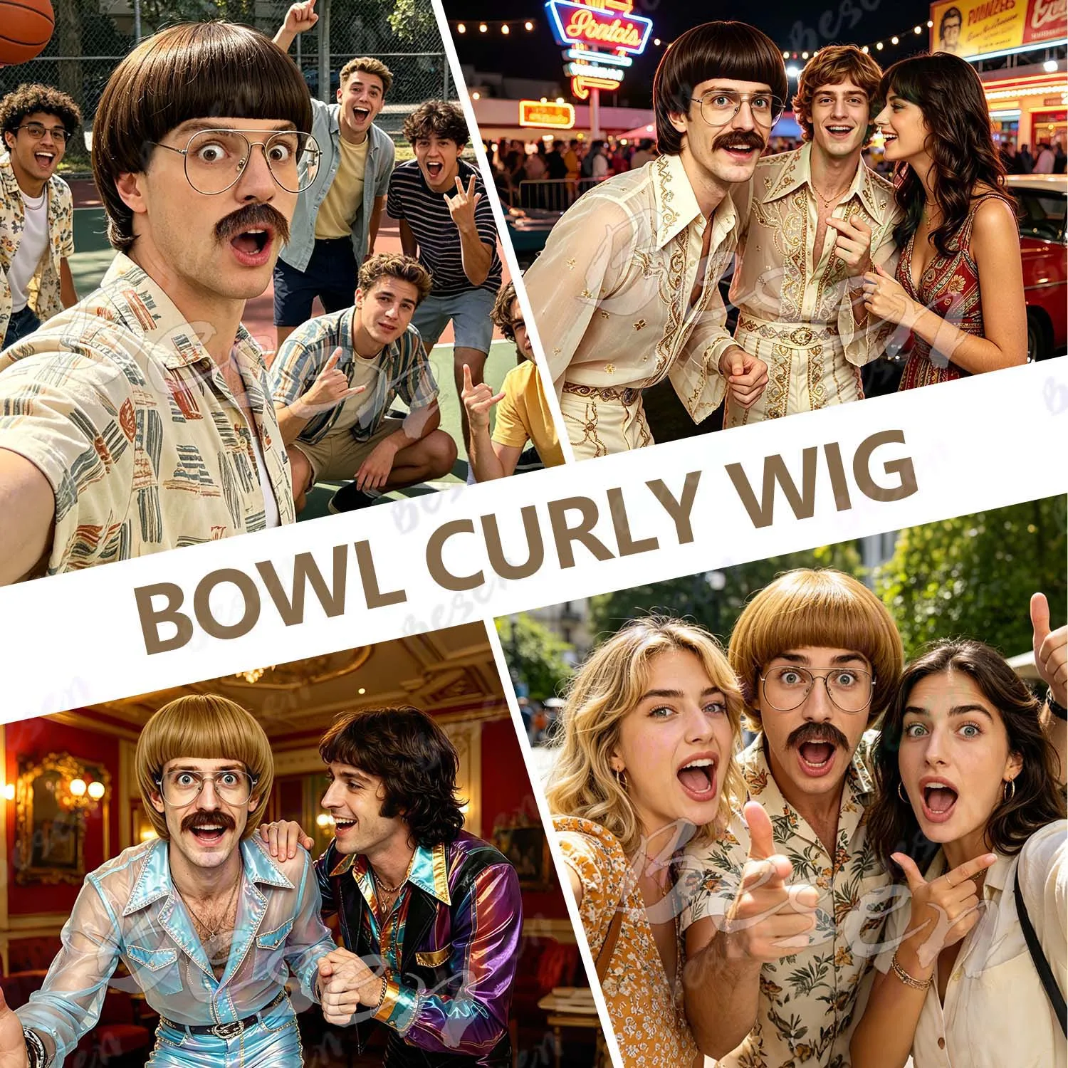Synthetic Short Straight 60 70s Bowl Cut Funny Wig+Glasses and Mustache for Men Crazy Mushroom Cosplay Wig for Halloween Party
