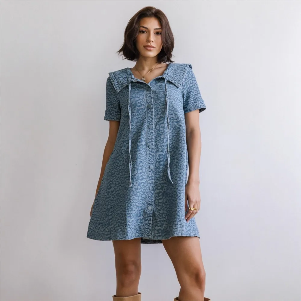 

Leopard Print Short Sleeve Denim Dress Summer Women's Fashion Single Breasted Short Dress Casual Lapel Loose Dress Ropa Mujer