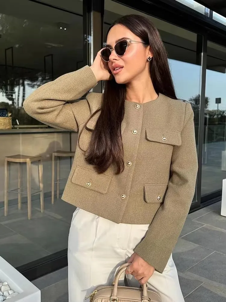 HH Giacca da donna elegante moda solida autunno monopetto girocollo cappotto con tasche top capispalla da donna da ufficio