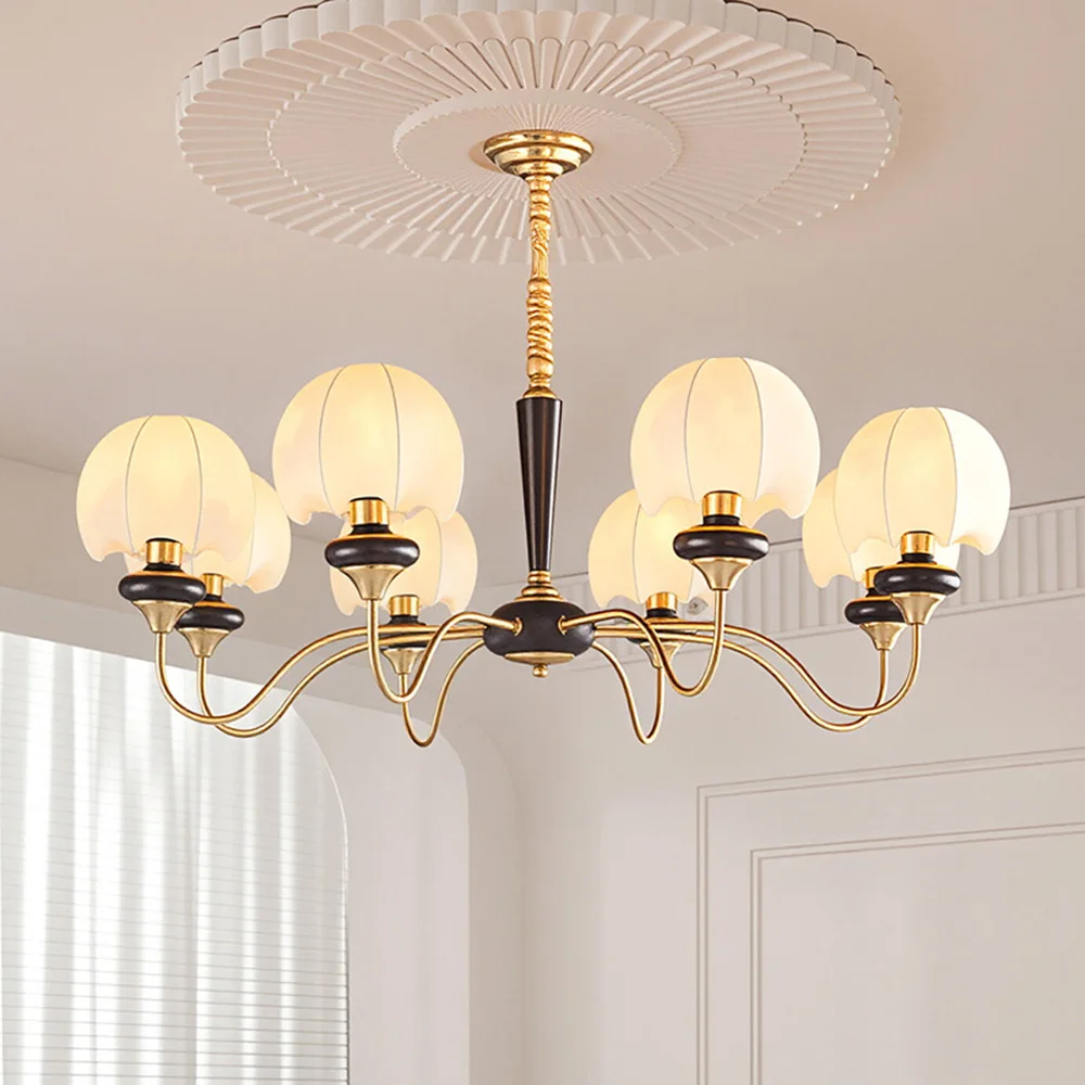 Retro Brass And Wood Chandelier With Floral Fabric Shades For Living Room Bedroom