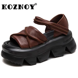 Koznoy 6.5cm sandały damskie mokasyny letnie na platformie koznoj kokasy romskie brytyjskie haczyki Peep Toe bydry prawdziwa skóra buty Mary Jane