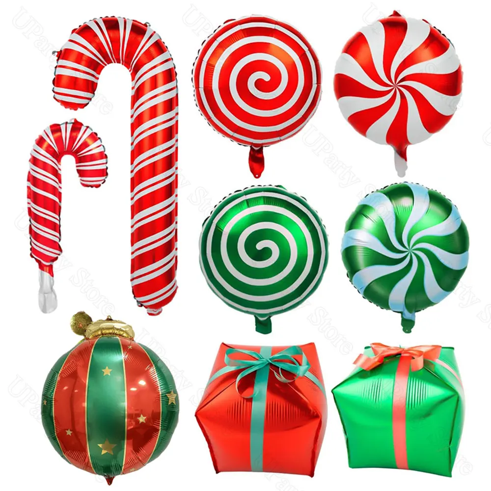 16/20Pcs Christmas Foil Balloons Jingle Bell Red Green Lollipop 4D Gift Box Candy Cane Balloons for Birthday Candyland Christmas