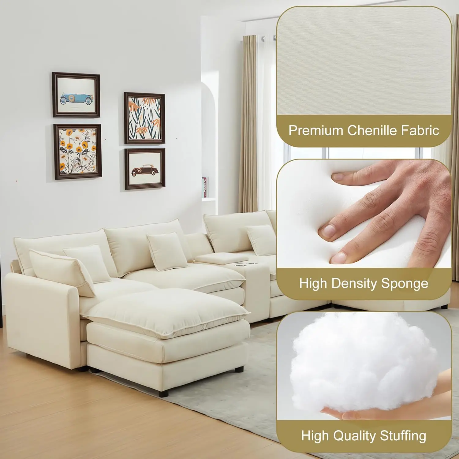 144.5" U Shaped Cloud Couch Sectional, Oversized Chenille 6 Seat Sofa with Ottomans, USB Ports & Cup Holders, Beige