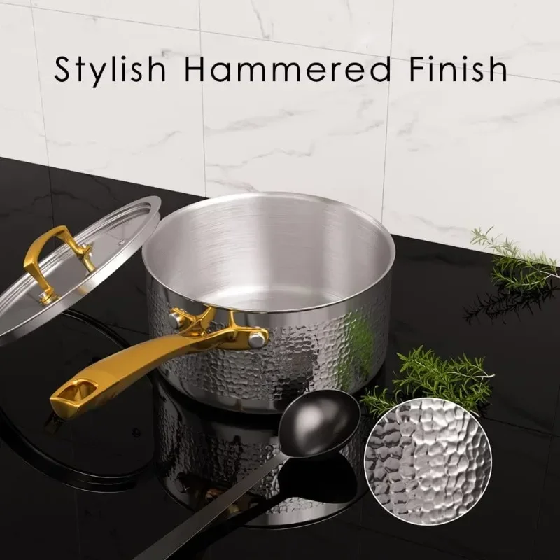 Stainless Steel Hammered Kitchen Cookware, Induction Compatible, Dishwasher and Oven Safe, Non-Toxic