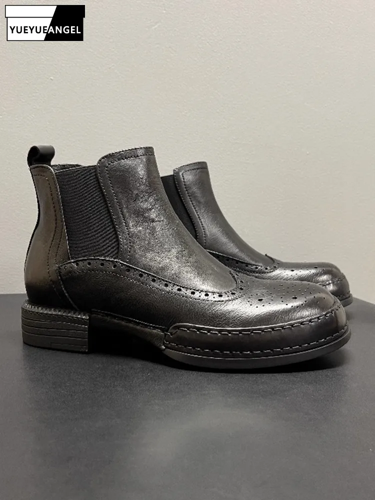 

Vintage Mens Autumn New High Top Slip On Chelsea Boots Wing Tip Business Work Safety Shoes Cowhide Genuine Leather Ankle Boots