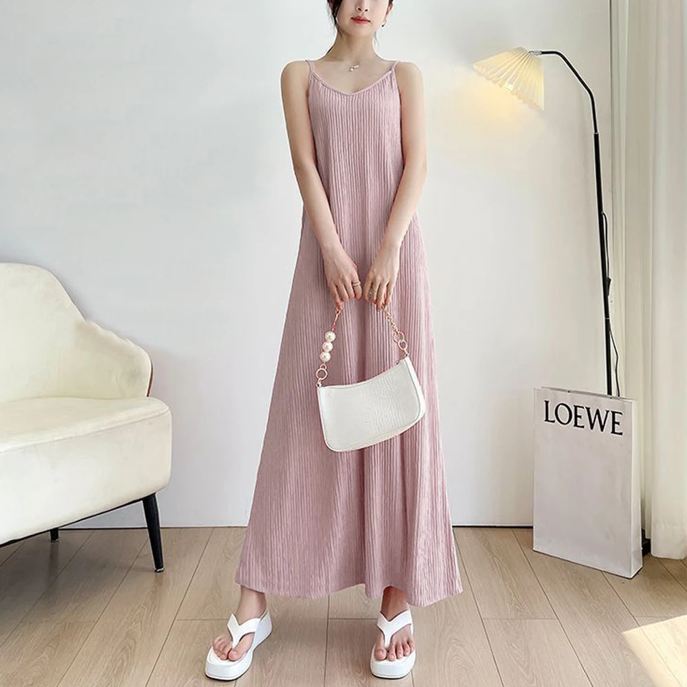 

Spaghetti Strap Dresses Women Soft Wind Casual Long Dress Girl Female Simple Wild Camisole Sleeveless Pleated Midi Dress S-XL