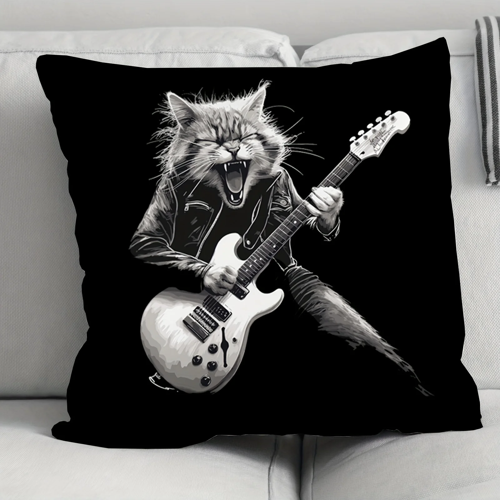 Funda de almohada Rockstar Cat: Cool Kitty con guitarra، Perfect para decoración del hogar y regalos، Design Unique، Elegante