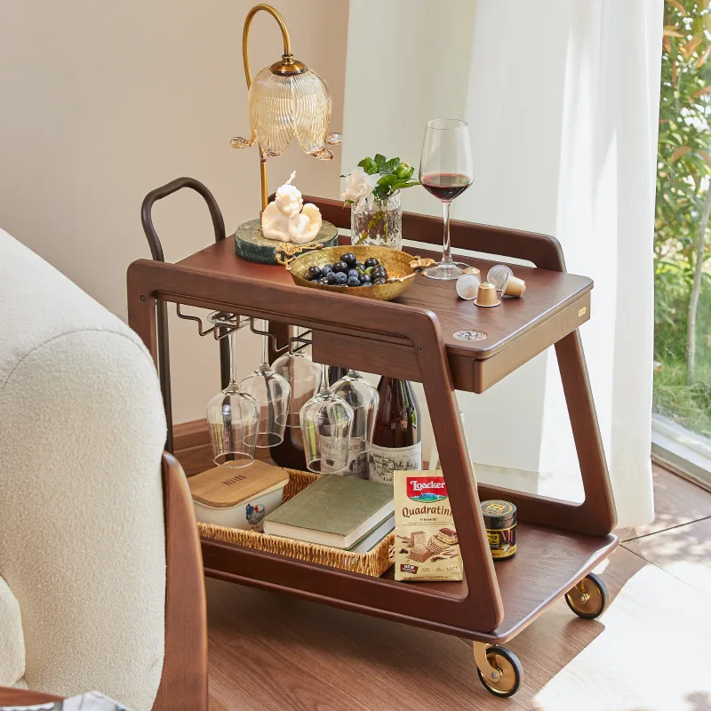 Light luxury solid wood edge sofa coffee table trolley retro Internet celebrity household snacks rack removable meal