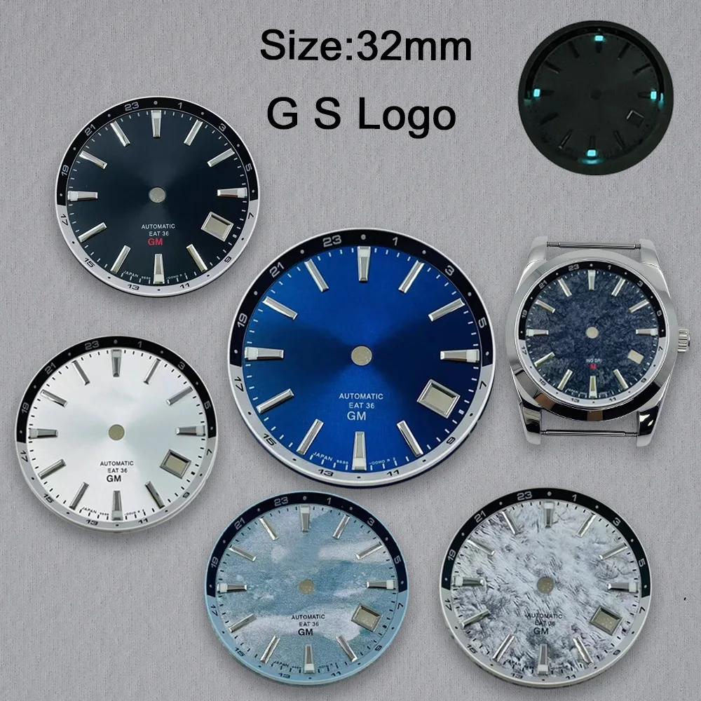 

Новый циферблат G S с логотипом GMT 32 мм, подходит для механизма NH34, ледяной синий светящийся календарь, высококачественные аксессуары для модификации часов