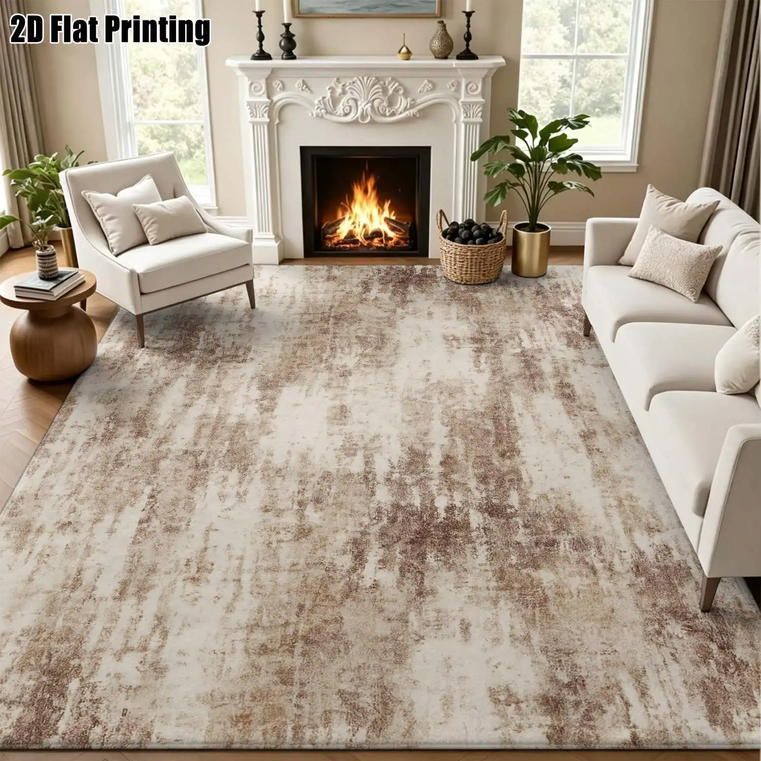 1Pc 2D Printed Carpet: Retro Beige-Brown Abstract Texture, Nordic/Instagram-Style, Modern Minimalist Geometric Striped Floor Mat, Machine Washable, Multi-Size, for Entrance, Dining, Foyer, Living Room, Bedroom Home Decor