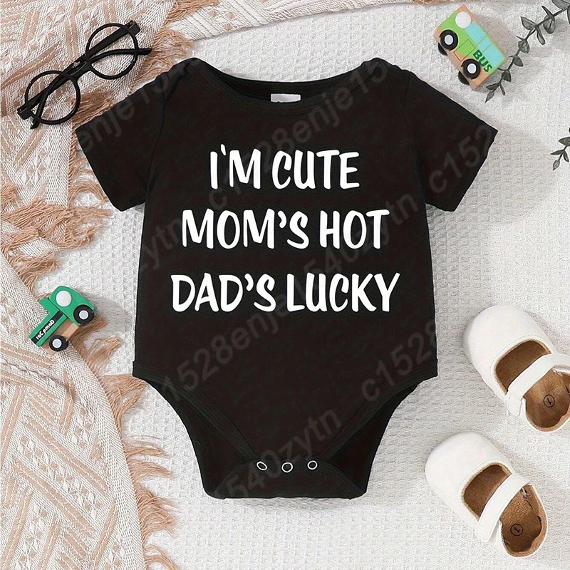 

Baby Boys Girls Bodysuit, I'm Cute Mom's Hot Dad's Lucky Print Jumpsuit, Casual Fashion Round Neck Romper, Solid Color Bodysuits