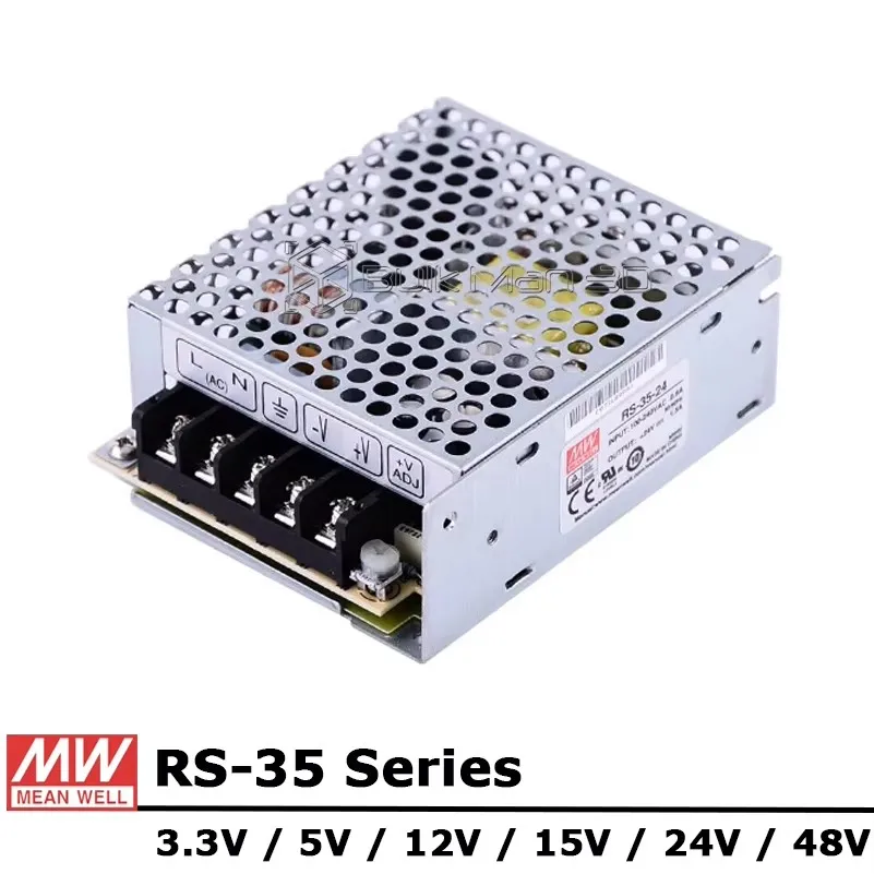 Mean Well RS-35 Series AC/DC 35W 3.3V 5V 12V 15V 24V 48V Single Output Switching Power Supply Unit RS-35-12, RS-35-15, RS-35-24