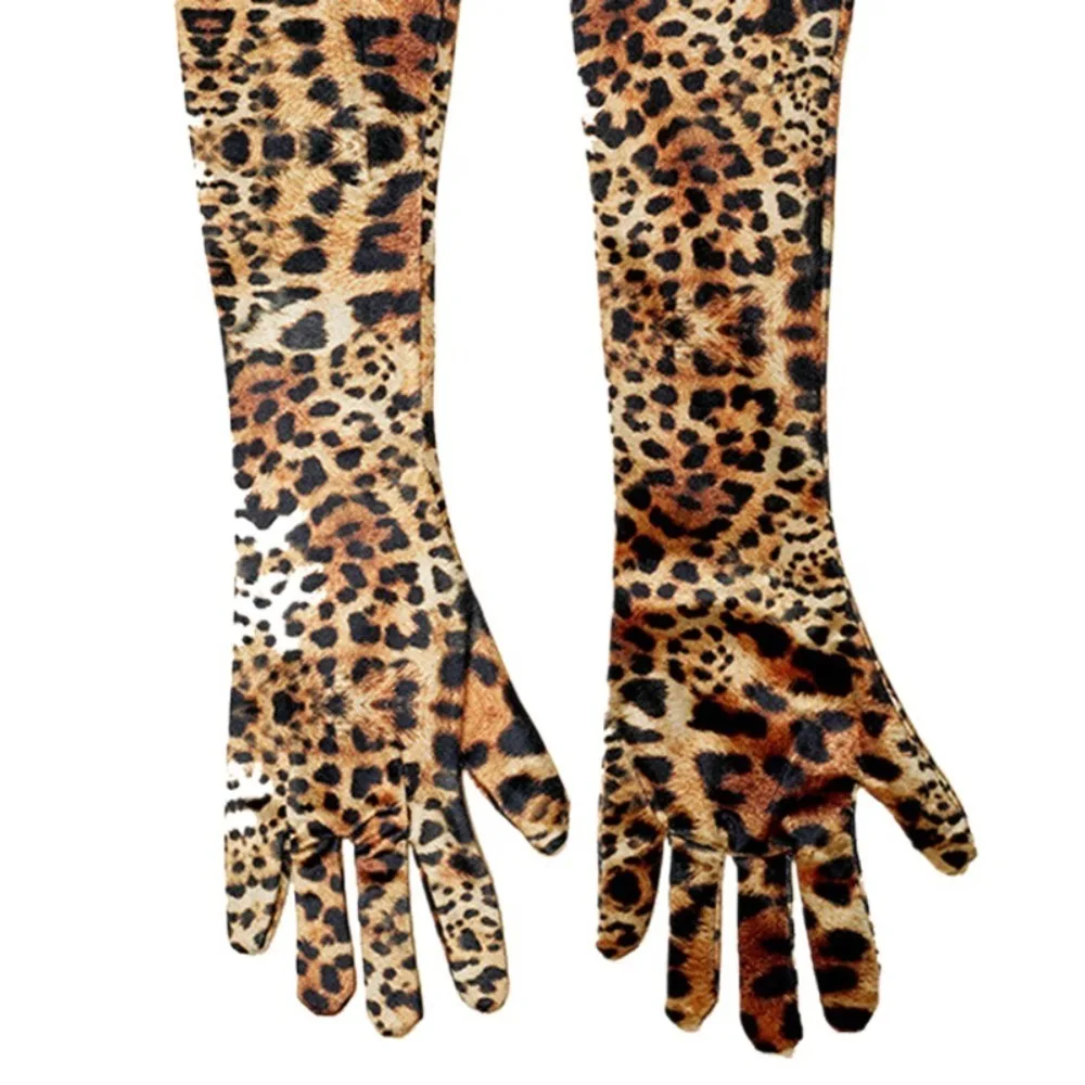 Cosplay Leopard Print Gloves Stage Performance Full Finger Velvet Long Gloves Halloween Makeup Party Photography Props