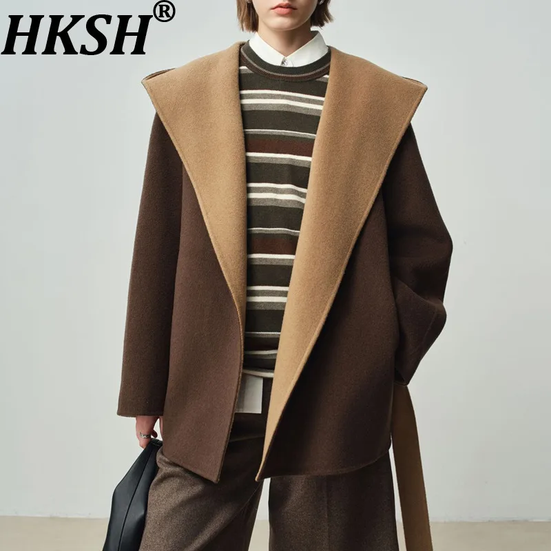 HKSH 2025 Autumn Winter New Women's Double-Sided Wool Overcoat Contrast Color Hooded Belt Versatile Elegant Thick Jacket HK15523