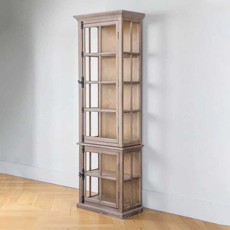 

American retro solid wood bookcase vertical cabinet French old glass door wine cabinet display cabinet living room locker storag