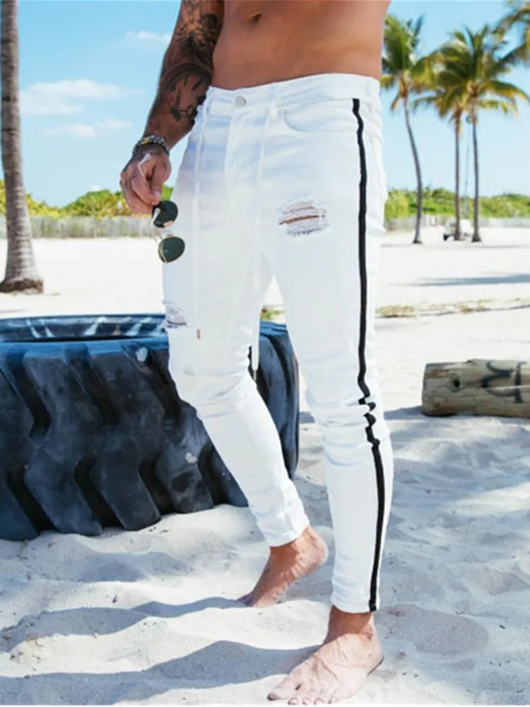 Men\'s Ripped White Jeans Casual Slim Denim Trousers Side-Stripe Skinny Pencil Pants Biker Stretch  Jeans Fashion Men Clothing