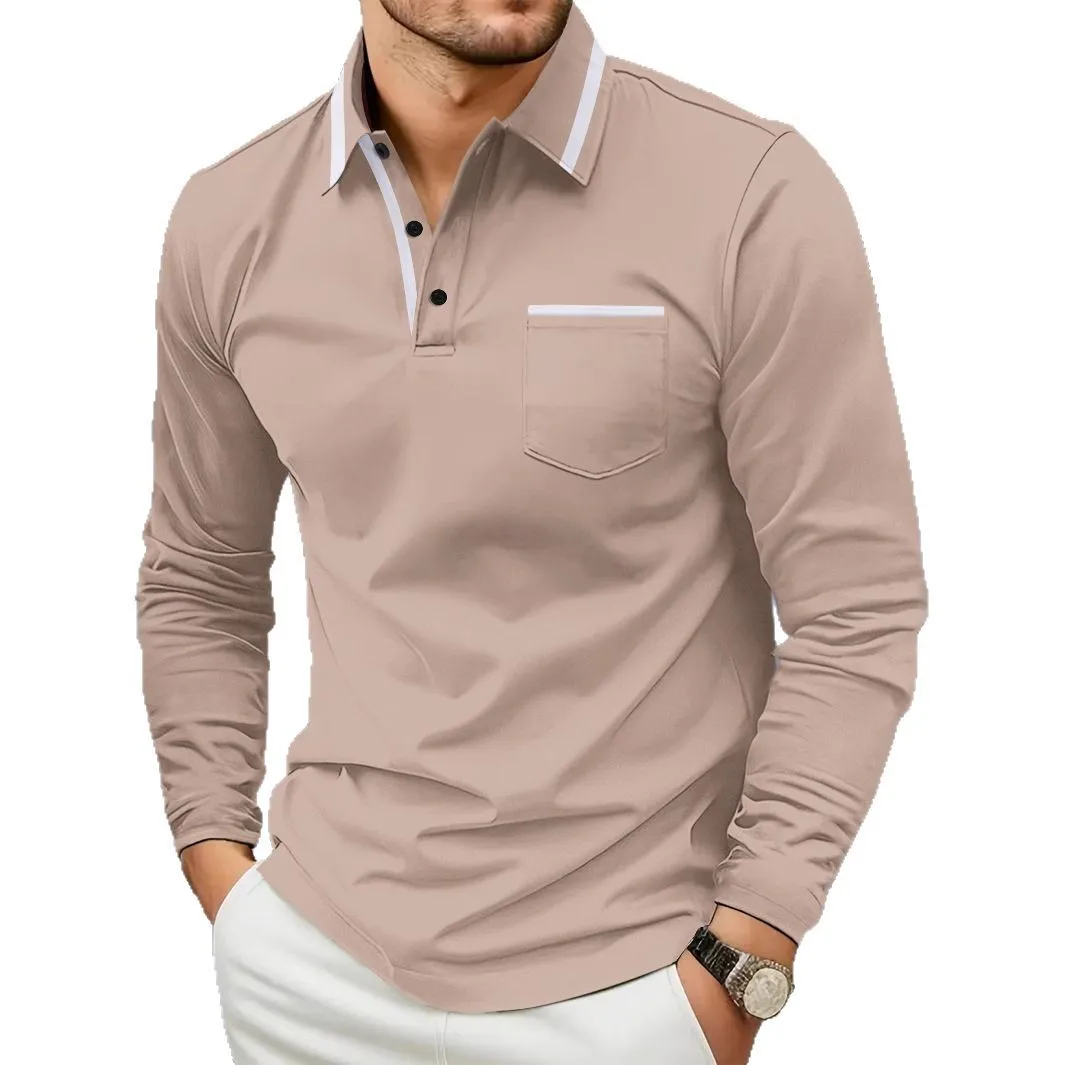 

Men Casual Breathable Contrast Collar Long Sleeve Polo Shirt