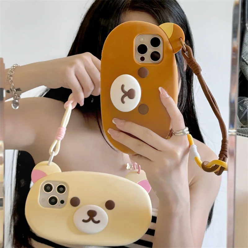 Cartoon Bear 3D silicone Soft Case For iphone 16 15 13 14 Pro Max i11 12 15pm fold bracket Cute Crossbody Wristband lanyard Case