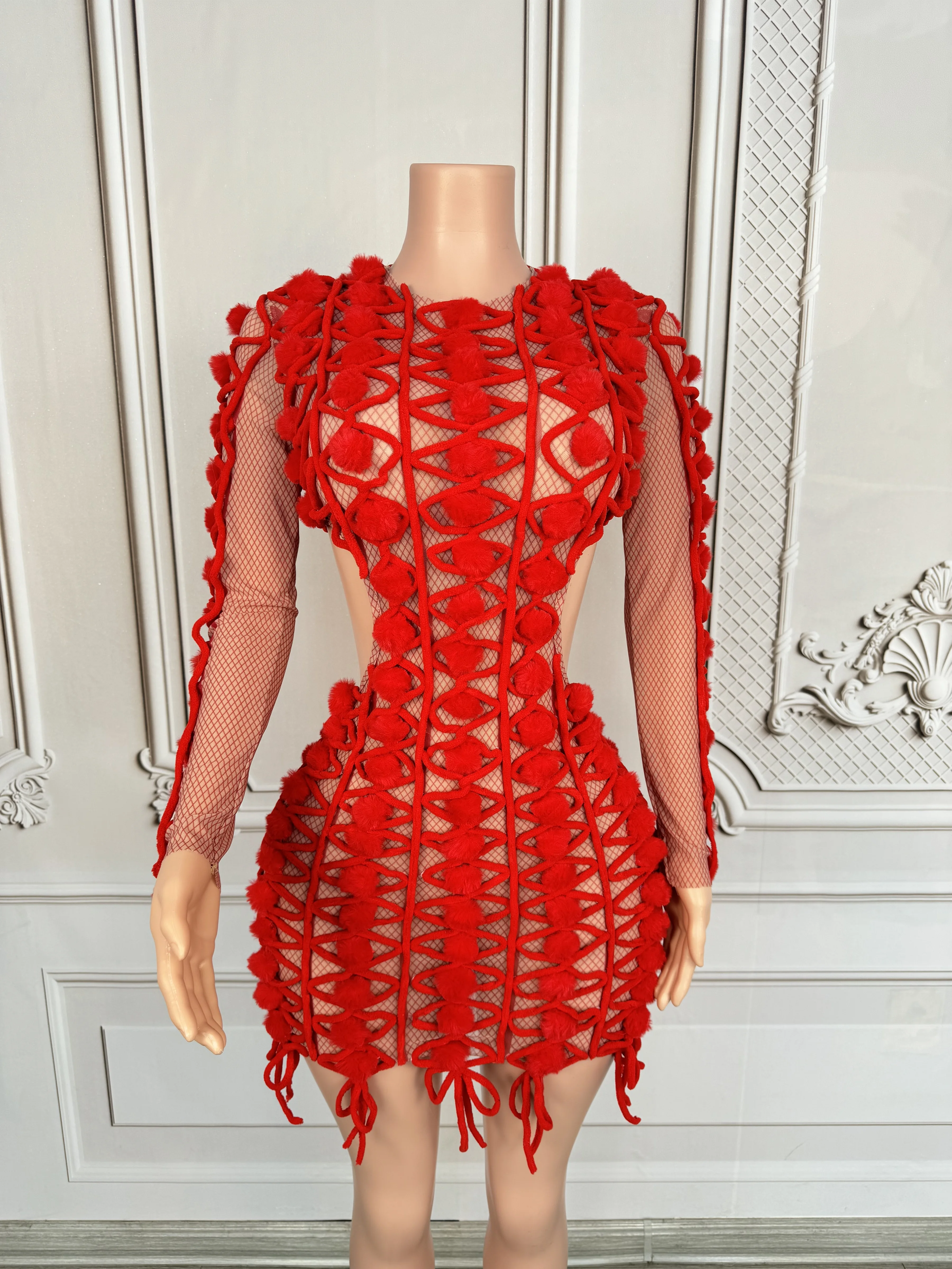 Sexy Women 2025 New Red Hollow Out Short Dress Elegant Long Sleeves Birthday Wedding Dress Evening Party Club Photoshoot Dress