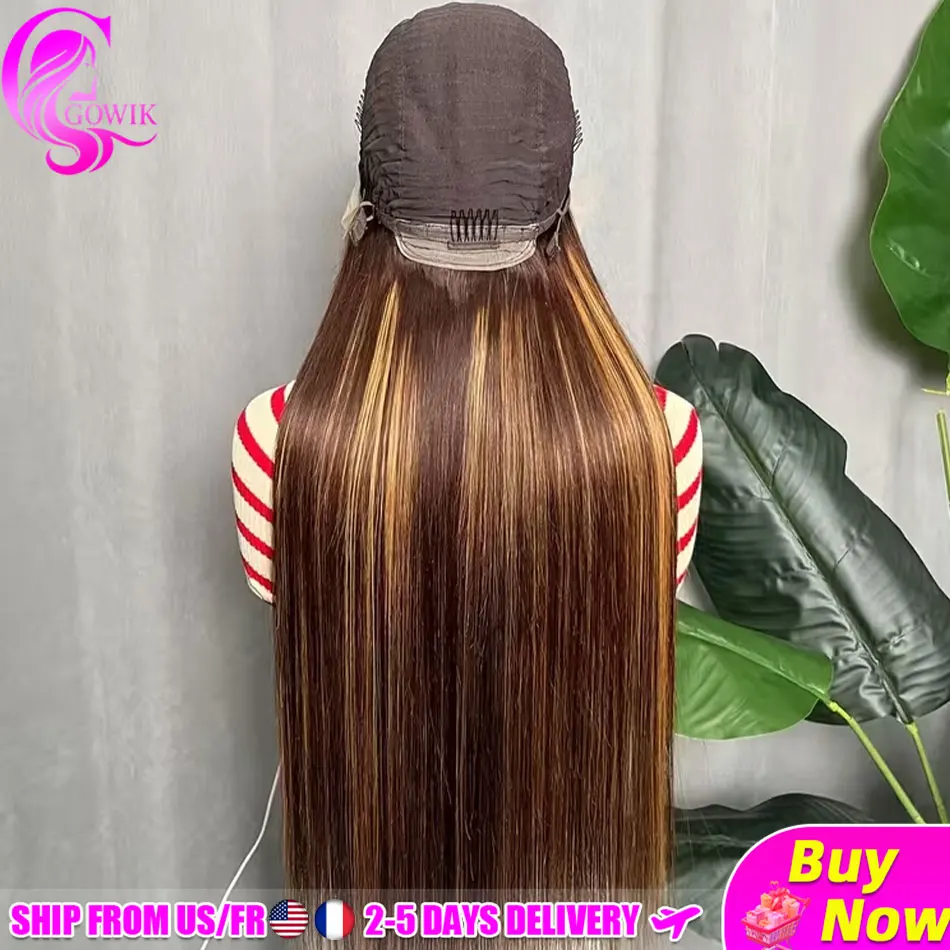 Perruque P4/27 Highlight, Perruque Frontale en Dentelle HD 13x6, Densité 220%, Cheveux Humains Lisses, 100% Cheveux Humains Pré-Pluckés, Perruques Brésiliennes 38 Pouces
