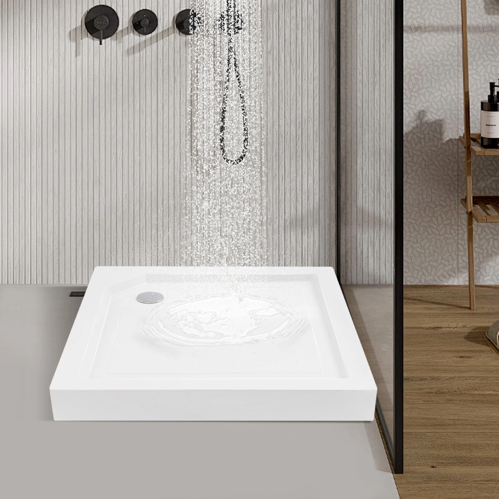 قاعدة دش مقاس 85*85*14 سم مع خرطوم تصريف |   قاعدة دش مربعة بيضاء |   تحميل 260 كجم/570 رطل |   التثبيت المدمج/تركيب السطح