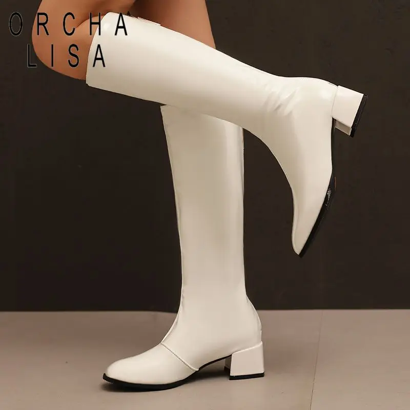 

ORCHA LISA Роскошные новые женские сапоги до колена с квадратным носком на блочном каблуке 4,5 см на молнии, большие размеры 44 45 46, ботильоны для отдыха и вечеринок