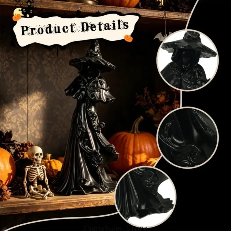 Hexenstatue aus Harz für Halloween-Dekorationen, Skulpturfigur mit verbreiterter Basis für Tischregal, Kaminsims und Fensterbank – Detail 7