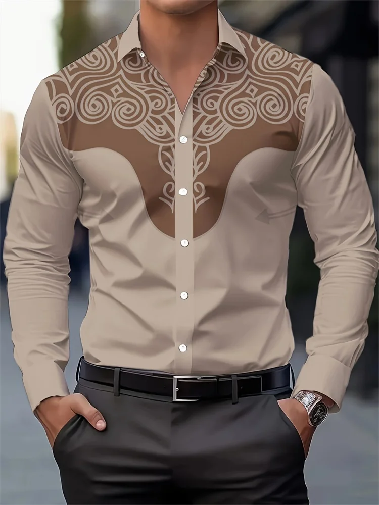 3D Vintage Print Men's Casual Fashion Long Sleeve Shirt Western Cowboy Style Men's Shirt Outdoor Street Men's Lapel Shirt tops