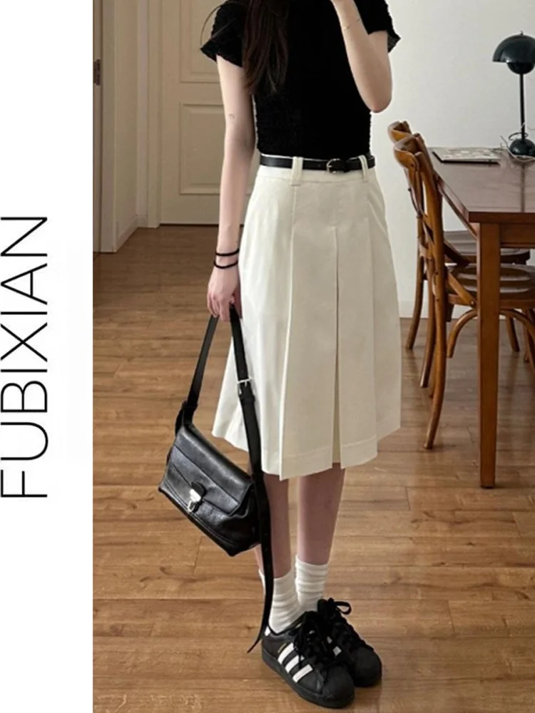 

Белый костюм, плиссированная юбка, женская модная повседневная летняя модная юбка-миди со средней талией Bifai