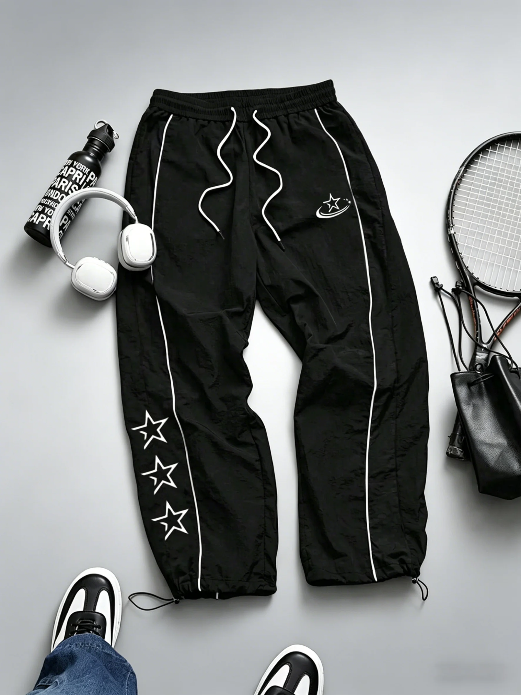 Men's Star Print Vertical Stripe Baggy Track Pants Lightweight Drawstring Joggers Gym Streetwear Running Spring Summer